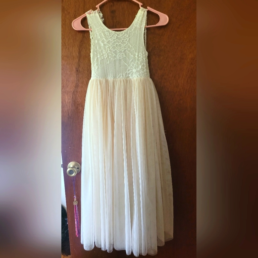 Elegant White and Cream Lace Kids Dress